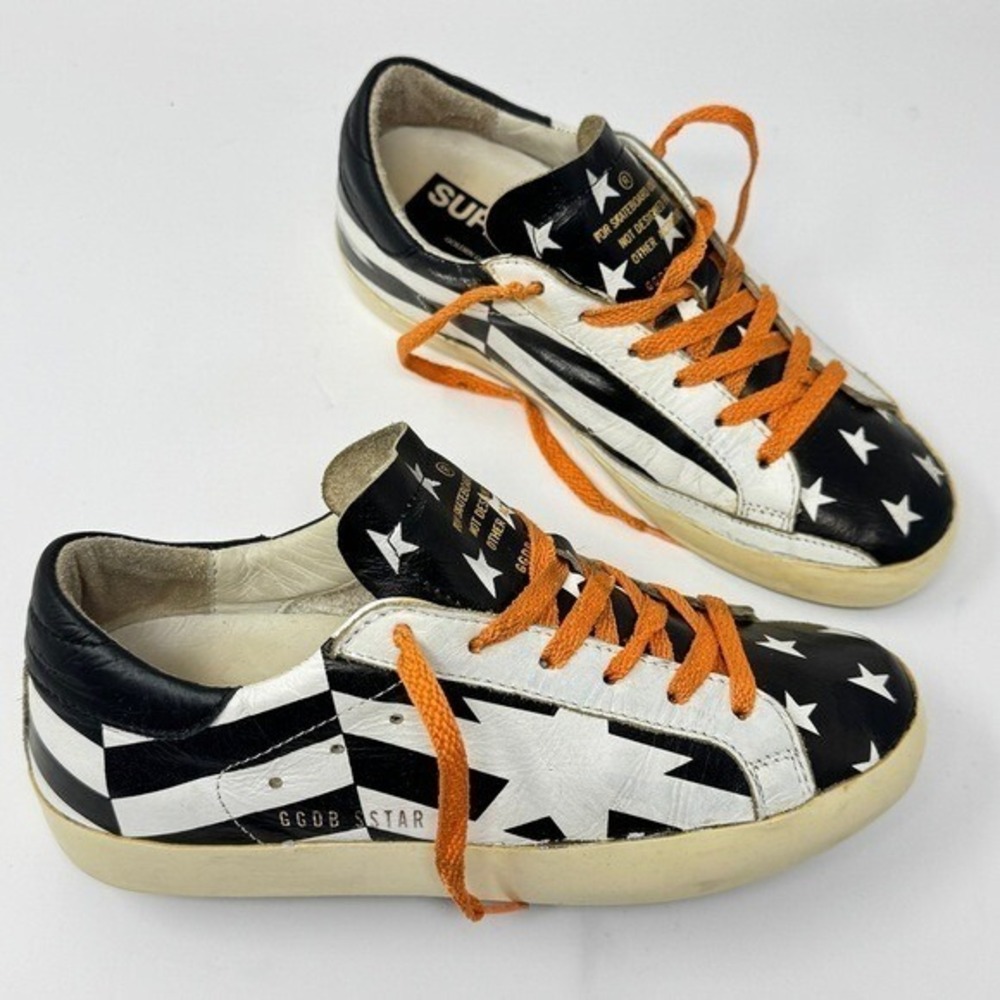 Golden Goose Black and White Star Sneakers with Orange Laces 35